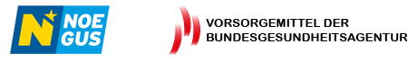 Links steht das Logo „NÖGUS“ mit einem großen „N“ in einem blauen Feld. Rechts daneben steht der Text „Vorsorgemittel der Bundesgesundheitsagentur“ neben einem roten, gebogenen Symbol.