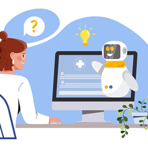 lustration einer Frau am Computer mit Roboter, weißem Kreuz, Fragezeichen und Glühbirne.